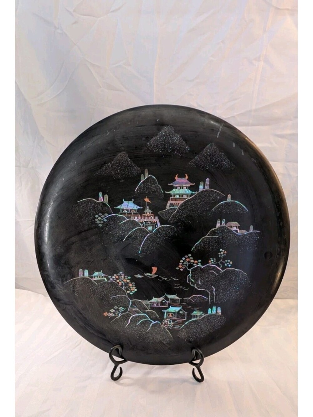 Vintage Japanese Maruni Lacquerware Charger Plate Mother of Pearl Raden Inlay 16